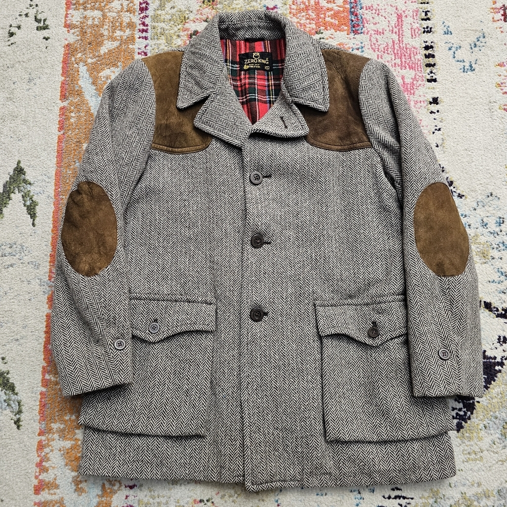 VTG Zero King Wool Coat Plaid Lining Size 42L Hunting Shooting Elbow Patches